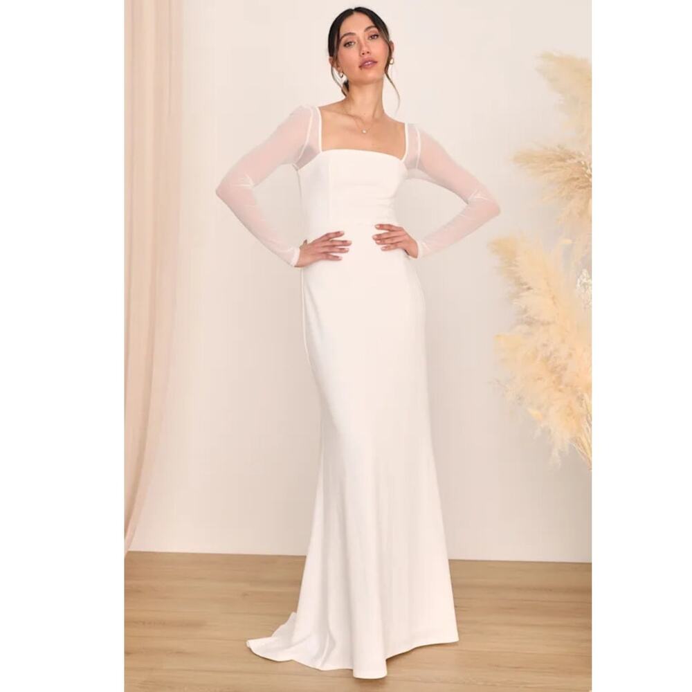NWT Lulus Lovingly Yours White Mesh Long Sleeve Maxi Dress Size XL